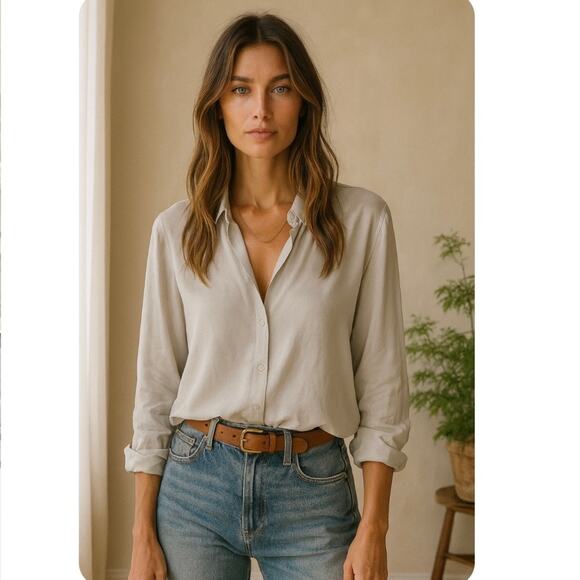 Poetry 100% Silk Gray Tiered Button Down Blouse 12 Effortless Minimalist Chic - Picture 1 of 9